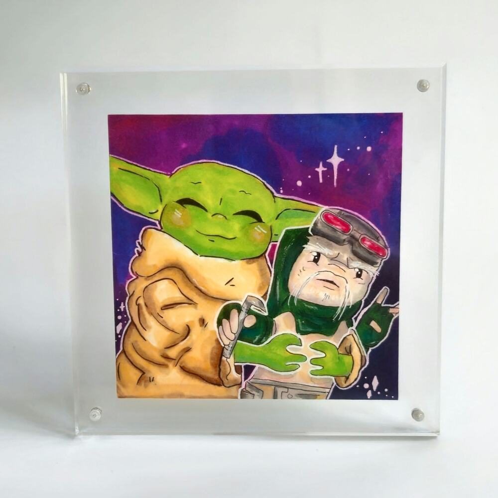 Original Grogu and Babu Frik Fan Art Painting Framed | Mandalorian Star Wars